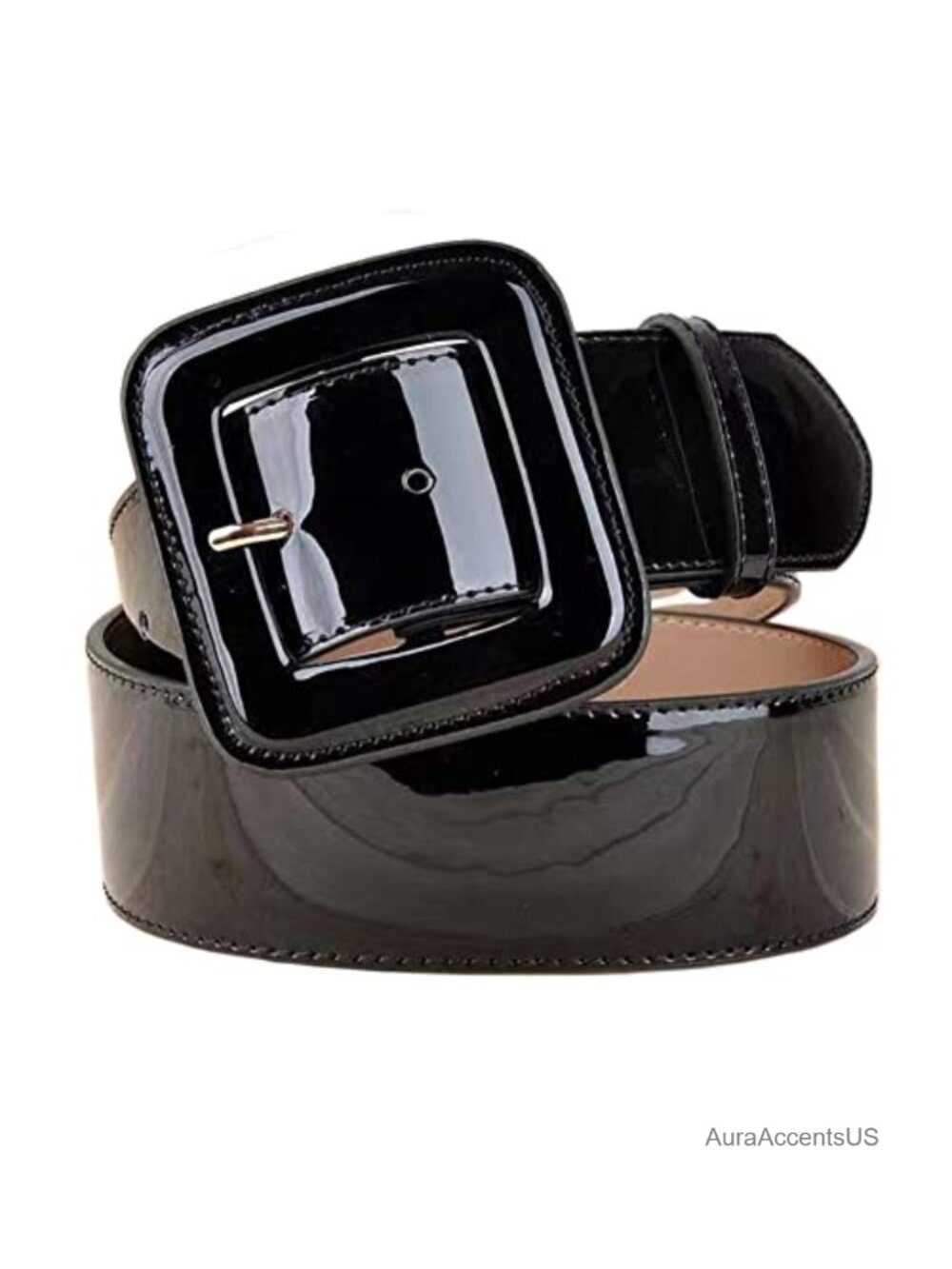 Wide Patent Faux Leather Belt with Square Buckle Grommet Adjustable Cinch Waist